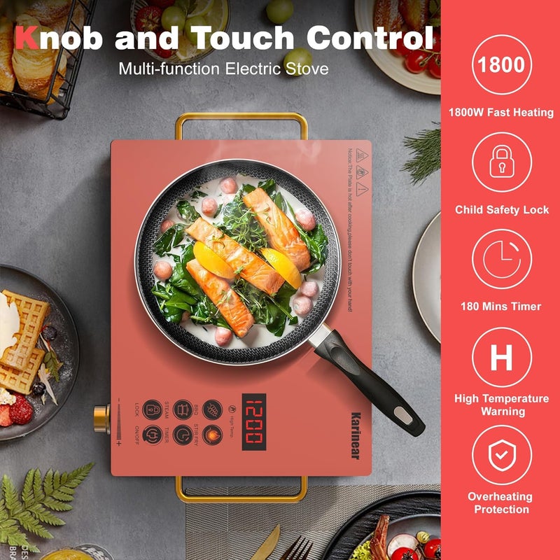 Karinear Portable Electric Stove 110V, 1800W Electric Hot Plate with Handle, Knob Control Single Burner Electri Cooktop, Ceramic Infrared Countertop Burner, Timer, Safety Lock(Pink) - Image 3